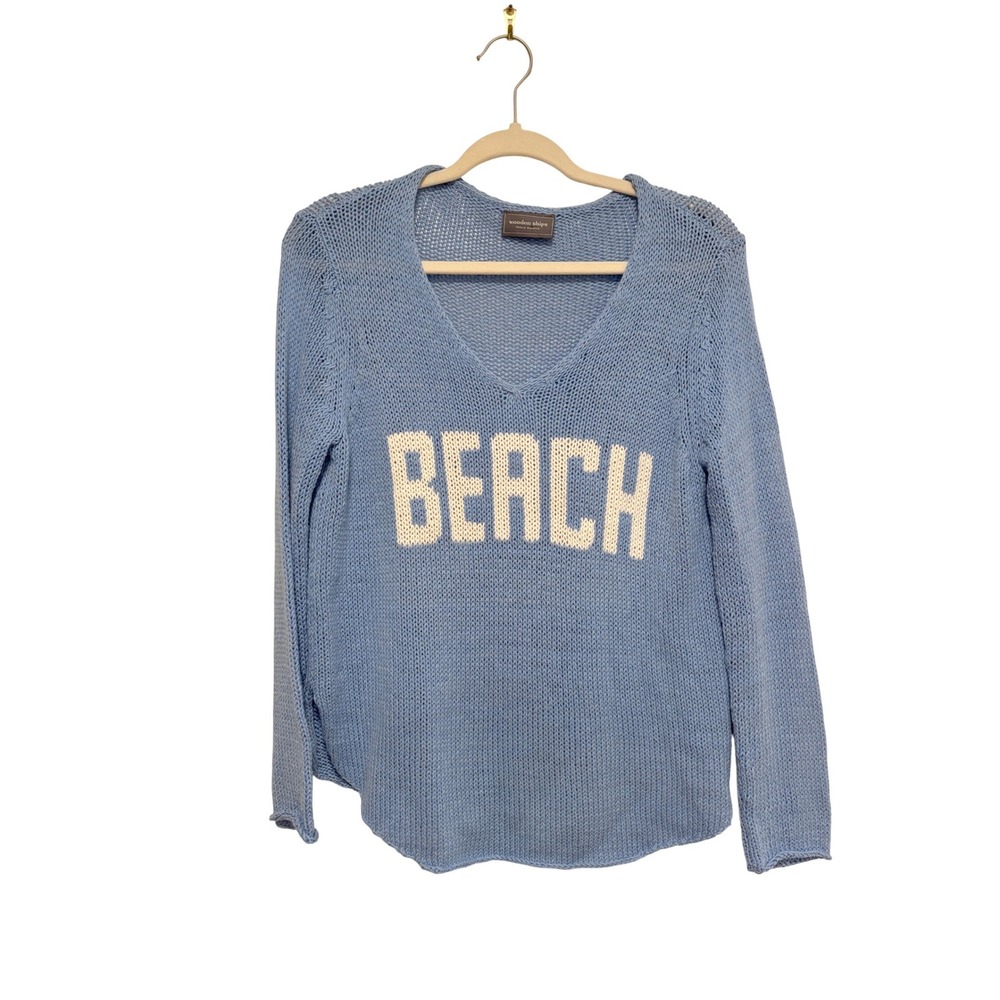 Wooden Ships Paola Buendia Blue Beach Graphic V-Neck Knit Sweater XS/S